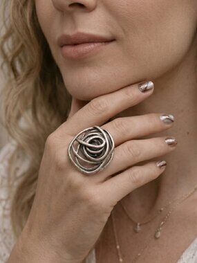 Turkish Zamak Silver Rose Ring Large Statement Adjustable Abstract Boho Jewelry